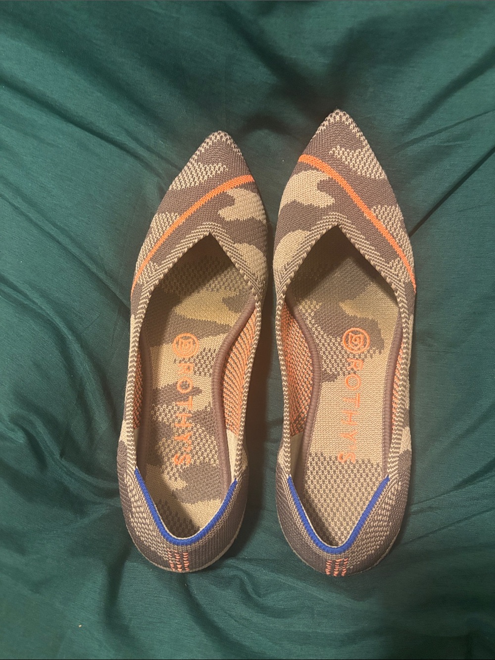 Rothy’s Pointed Knit Ballet Flats in Brown Camouflage with Orange Accents